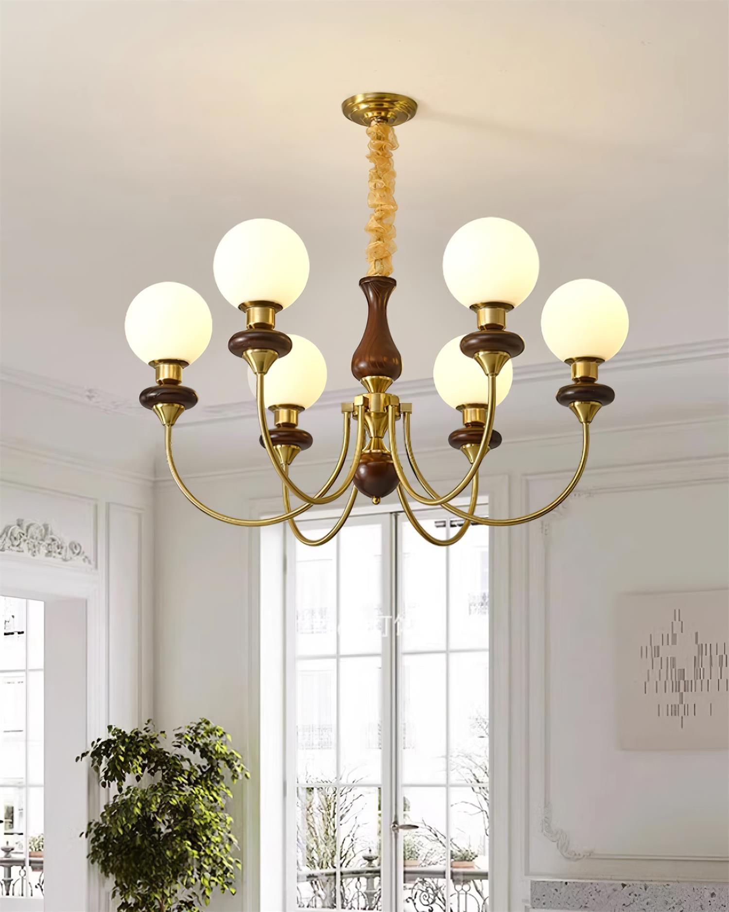 Chandelier Brass Curved Arms Walnut Vintage