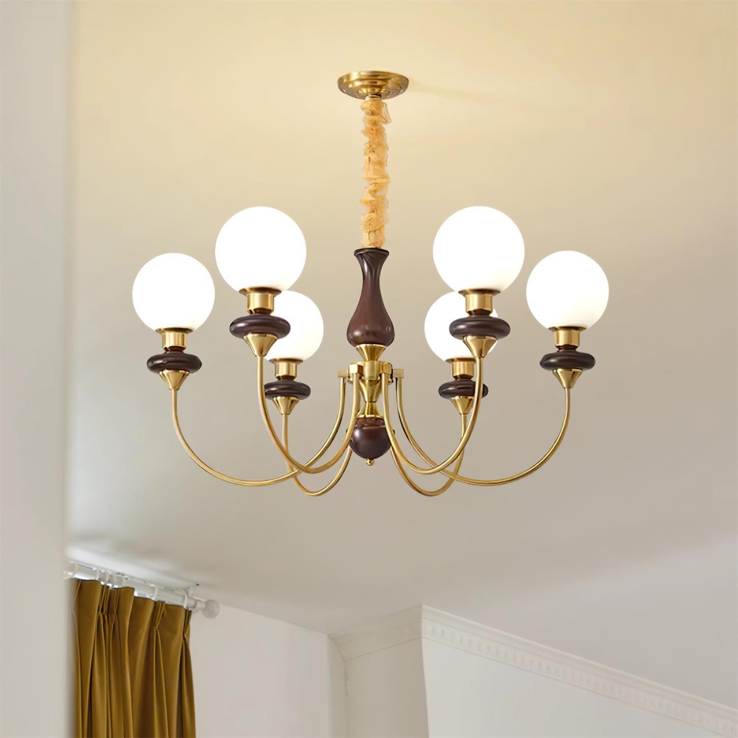Chandelier Brass Curved Arms Walnut Vintage