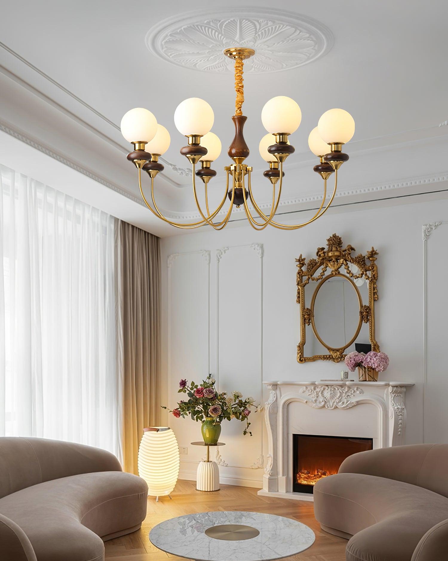 Chandelier Brass Curved Arms Walnut Vintage