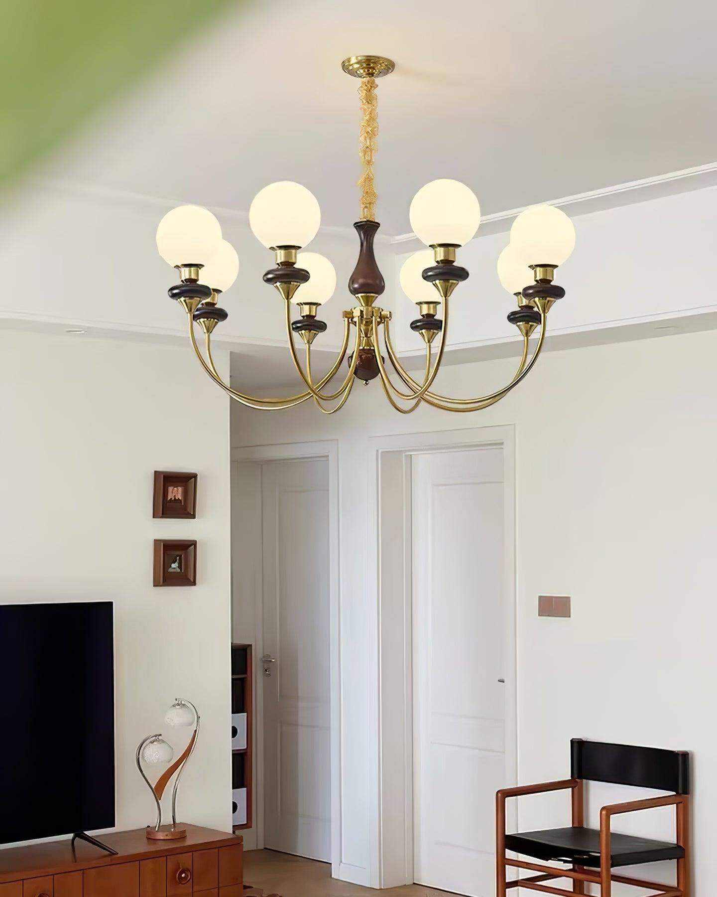 Chandelier Brass Curved Arms Walnut Vintage