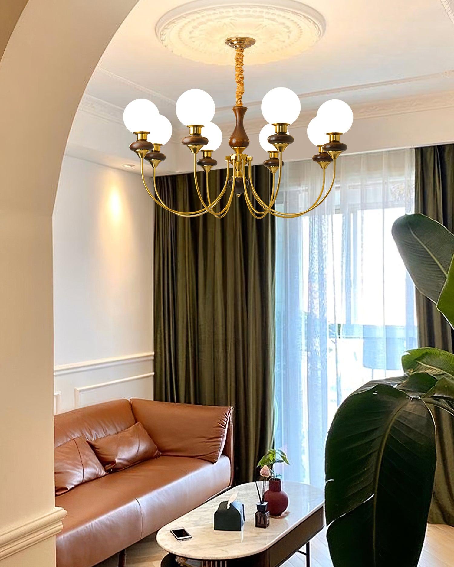 Chandelier Brass Curved Arms Walnut Vintage