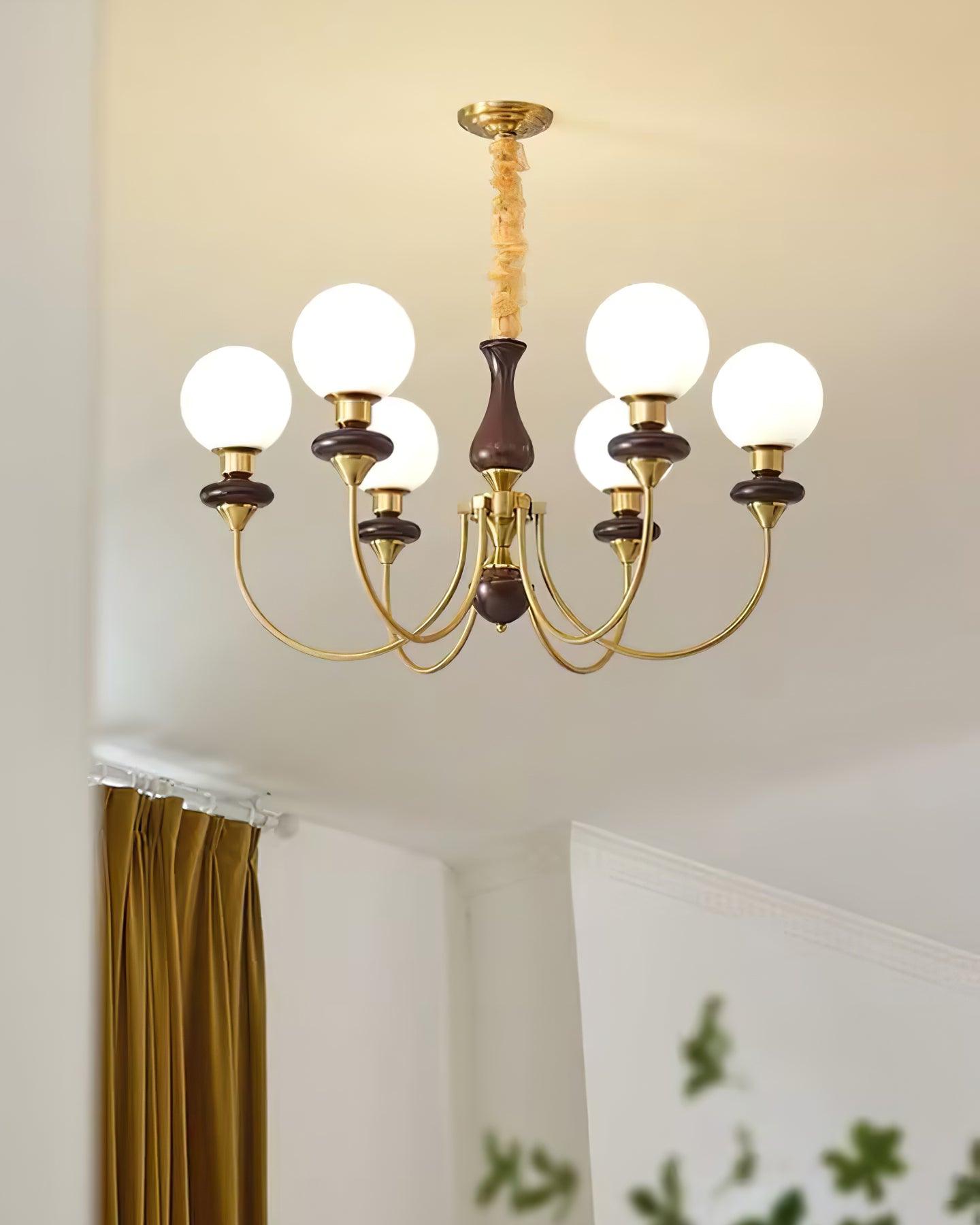 Chandelier Brass Curved Arms Walnut Vintage