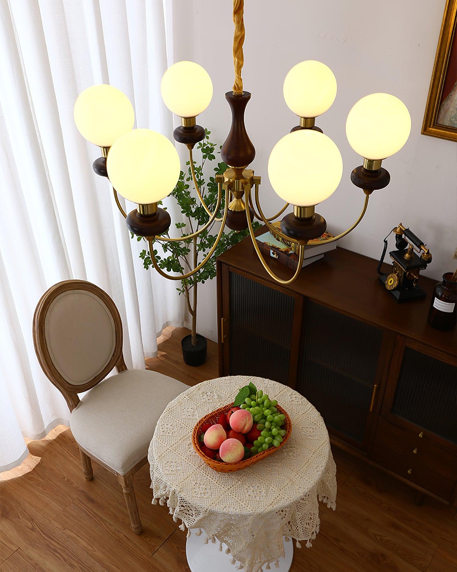 Chandelier Brass Curved Arms Walnut Vintage