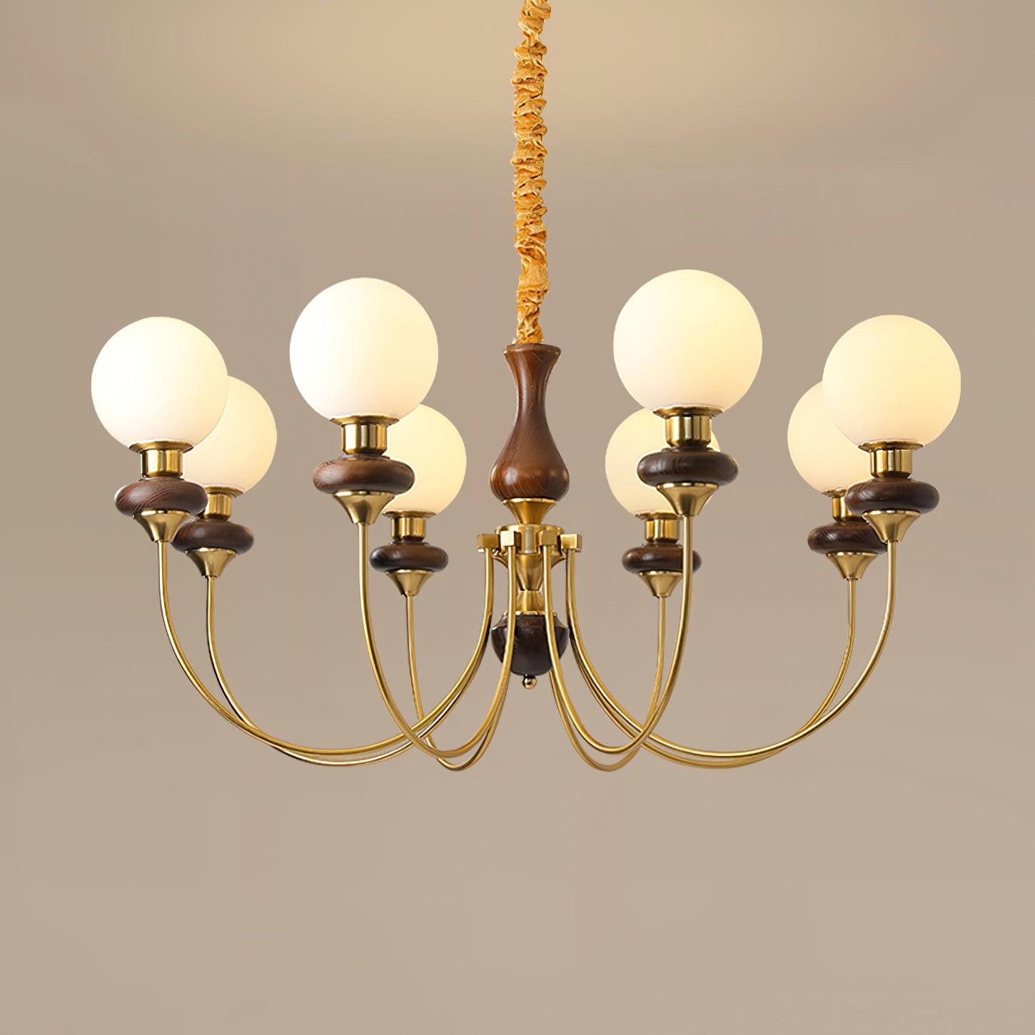 Chandelier Brass Curved Arms Walnut Vintage