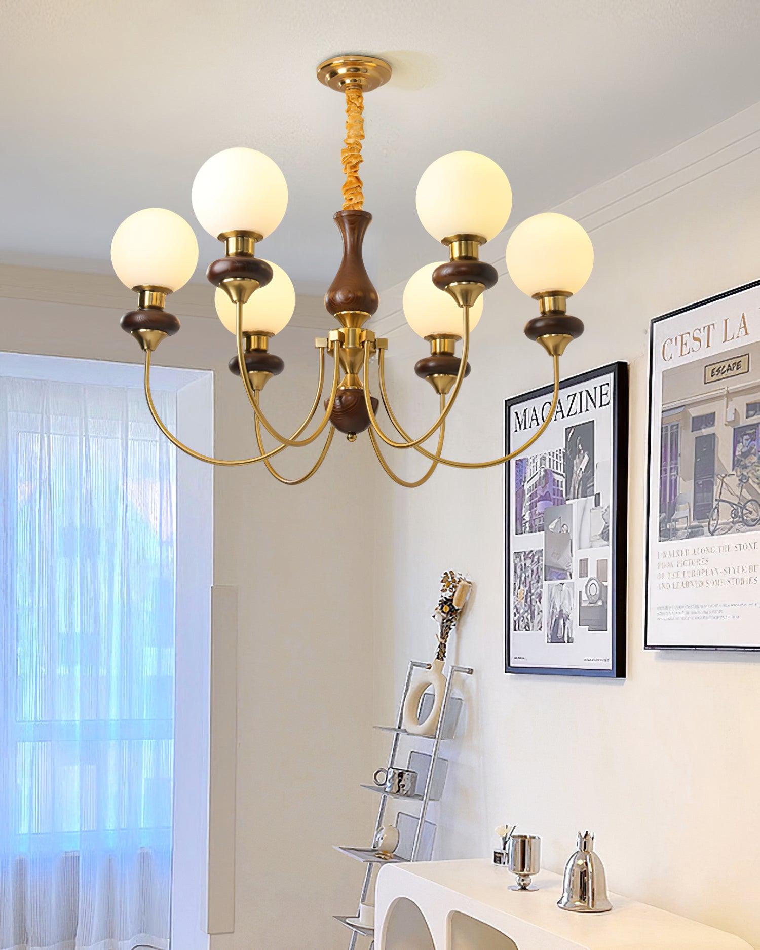 Chandelier Brass Curved Arms Walnut Vintage