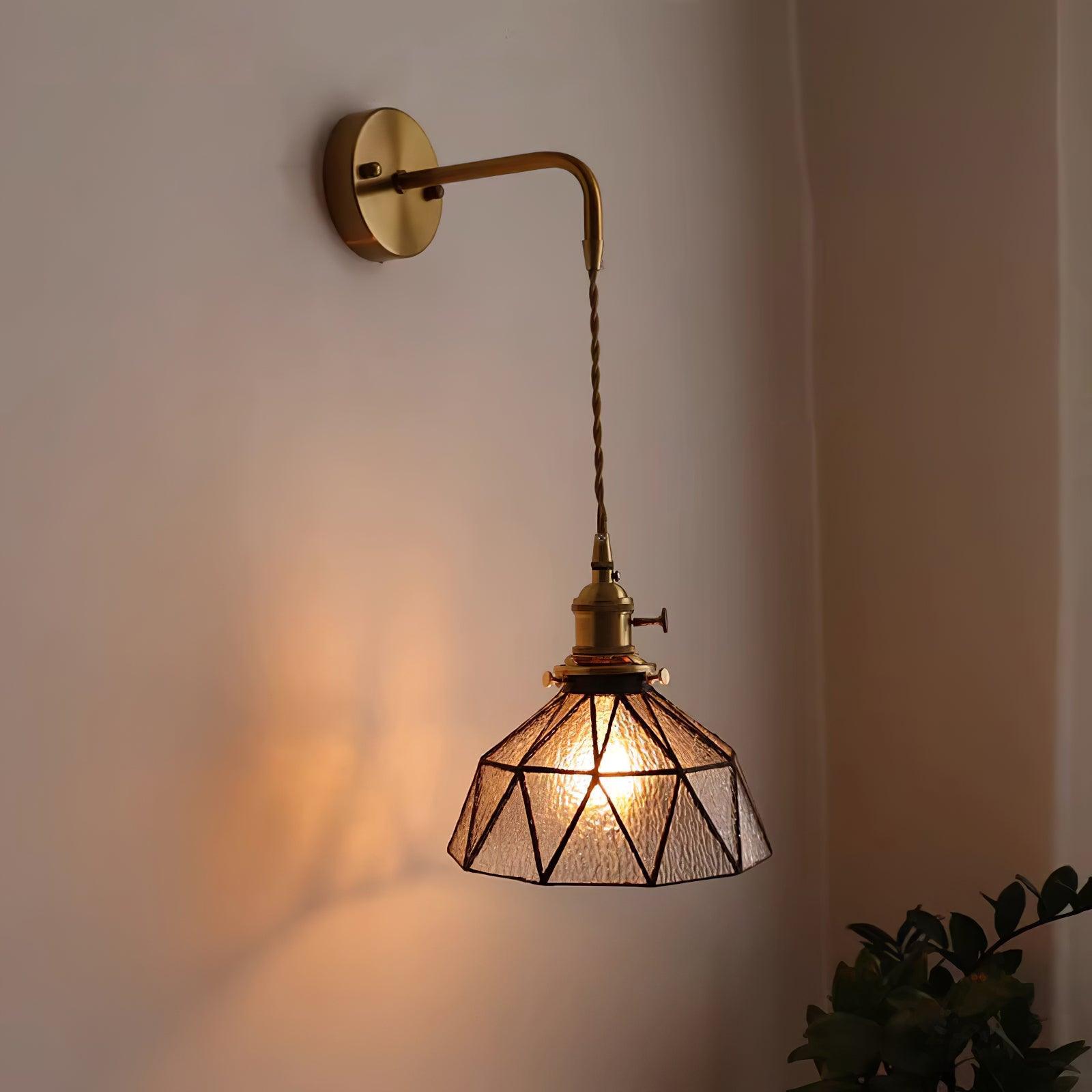 Wall Lamp Geometric Stained Glass Shade Vintage Brass Arm Pastoral