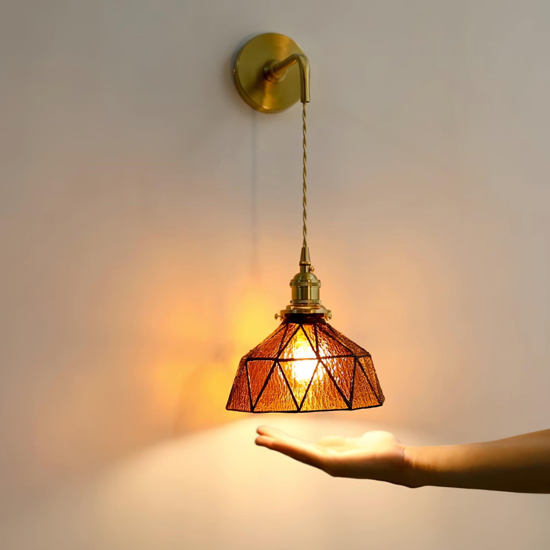 Wall Lamp Geometric Stained Glass Shade Vintage Brass Arm Pastoral