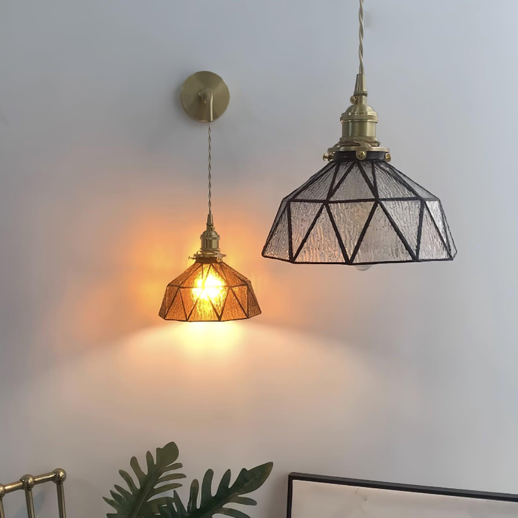Wall Lamp Geometric Stained Glass Shade Vintage Brass Arm Pastoral