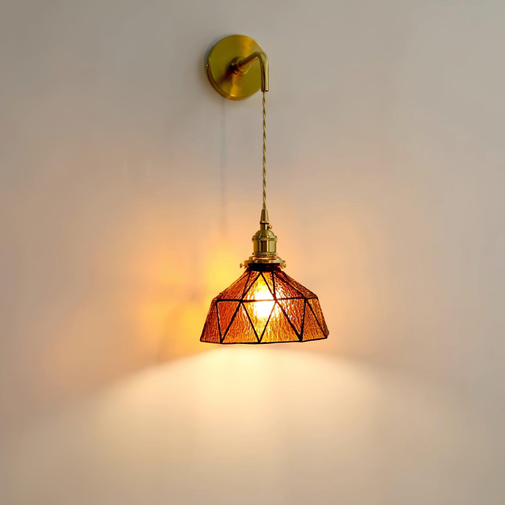 Wall Lamp Geometric Stained Glass Shade Vintage Brass Arm Pastoral