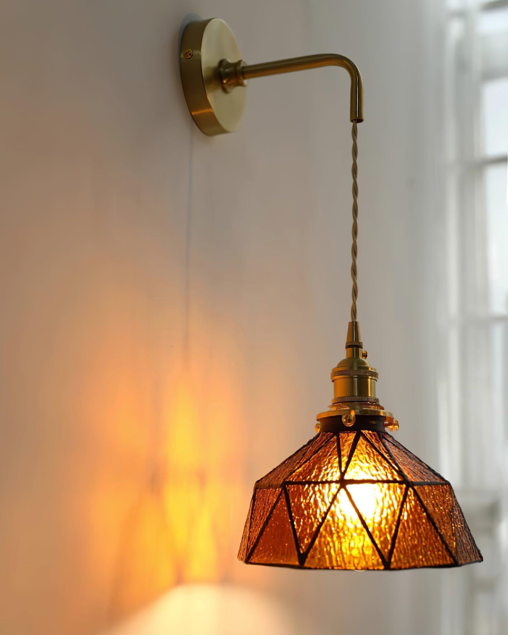 Wall Lamp Geometric Stained Glass Shade Vintage Brass Arm Pastoral