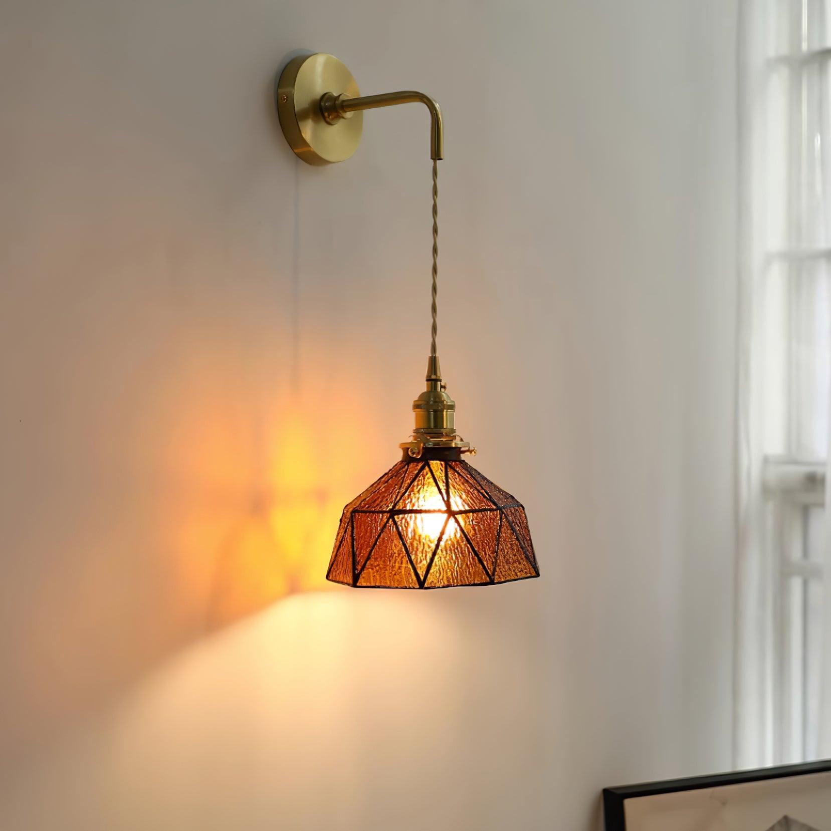 Wall Lamp Geometric Stained Glass Shade Vintage Brass Arm Pastoral