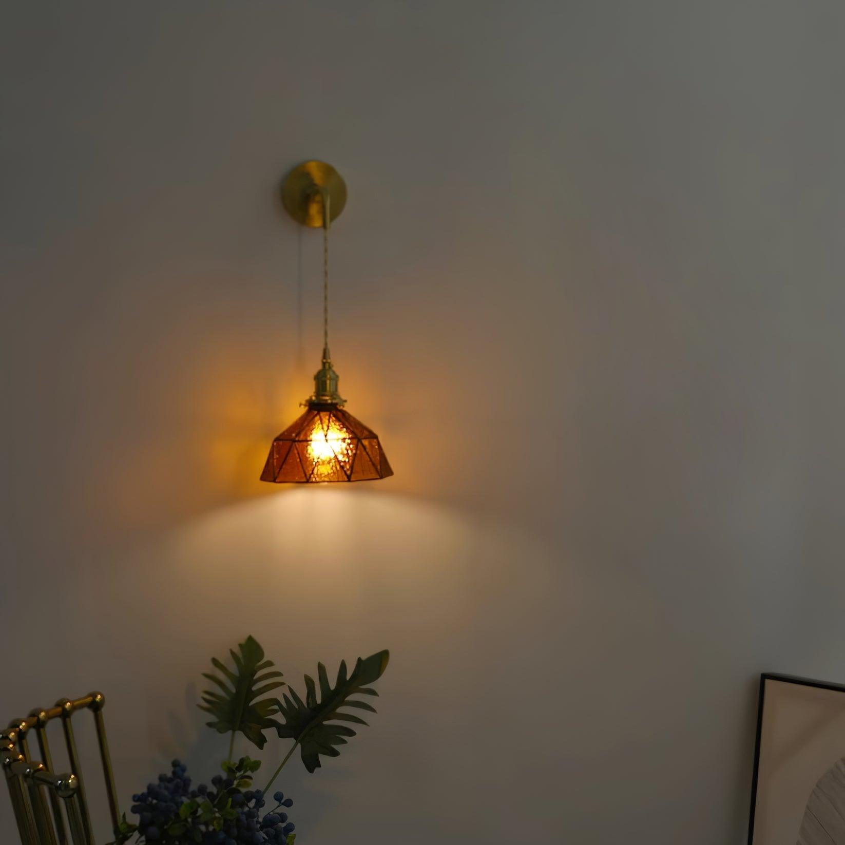 Wall Lamp Geometric Stained Glass Shade Vintage Brass Arm Pastoral