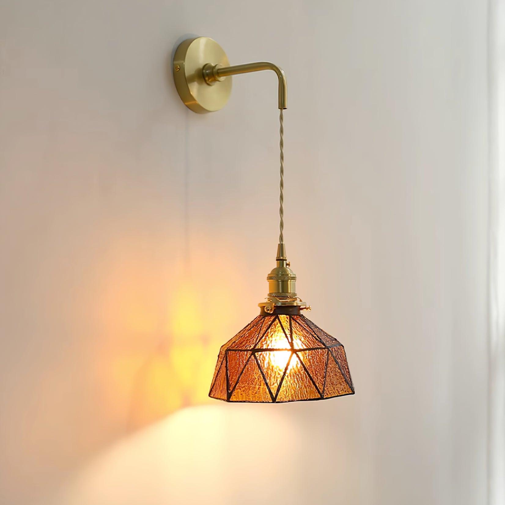Wall Lamp Geometric Stained Glass Shade Vintage Brass Arm Pastoral