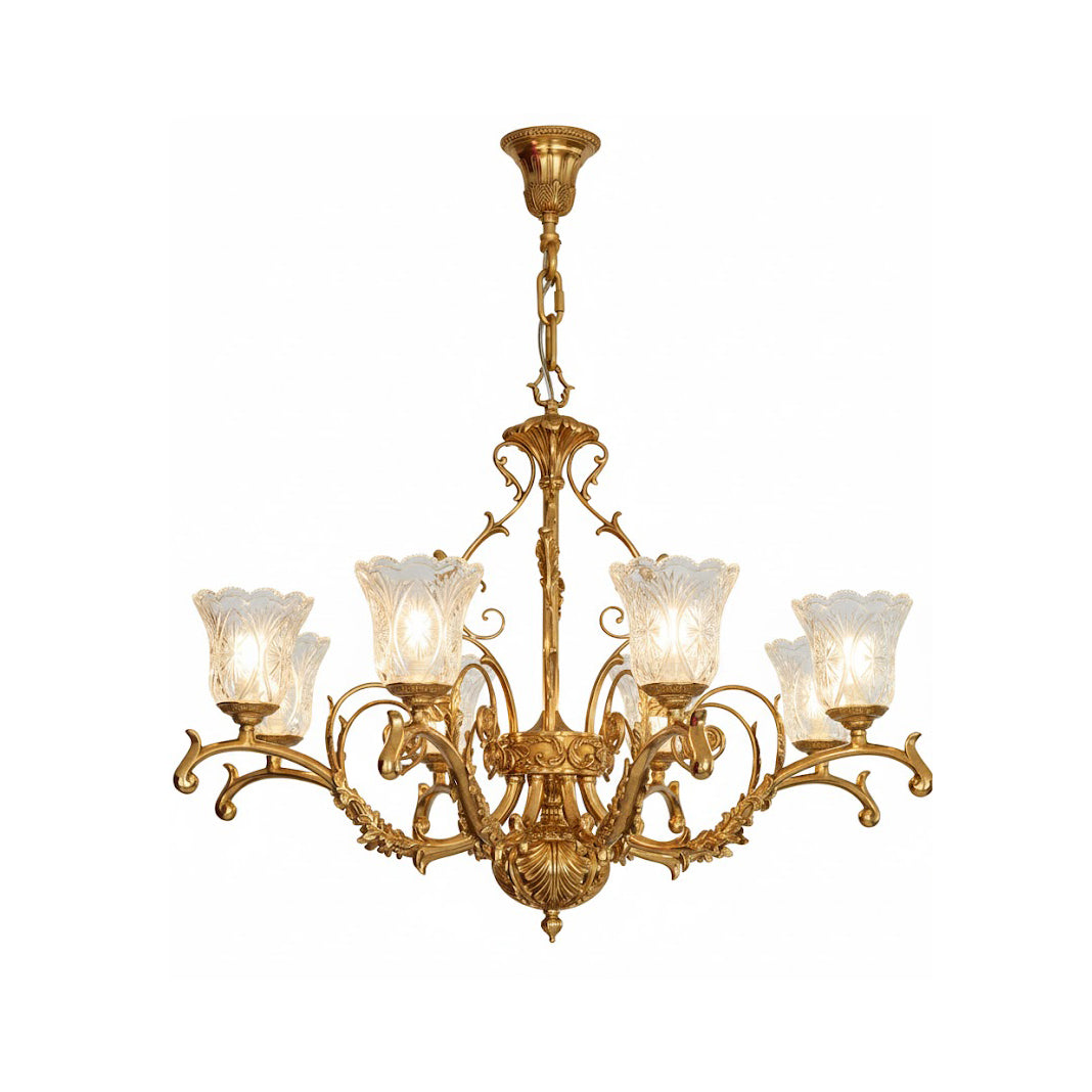 Revival Glass Chandelier with brass body, front view.