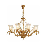 Revival Glass Chandelier with brass body, front view.