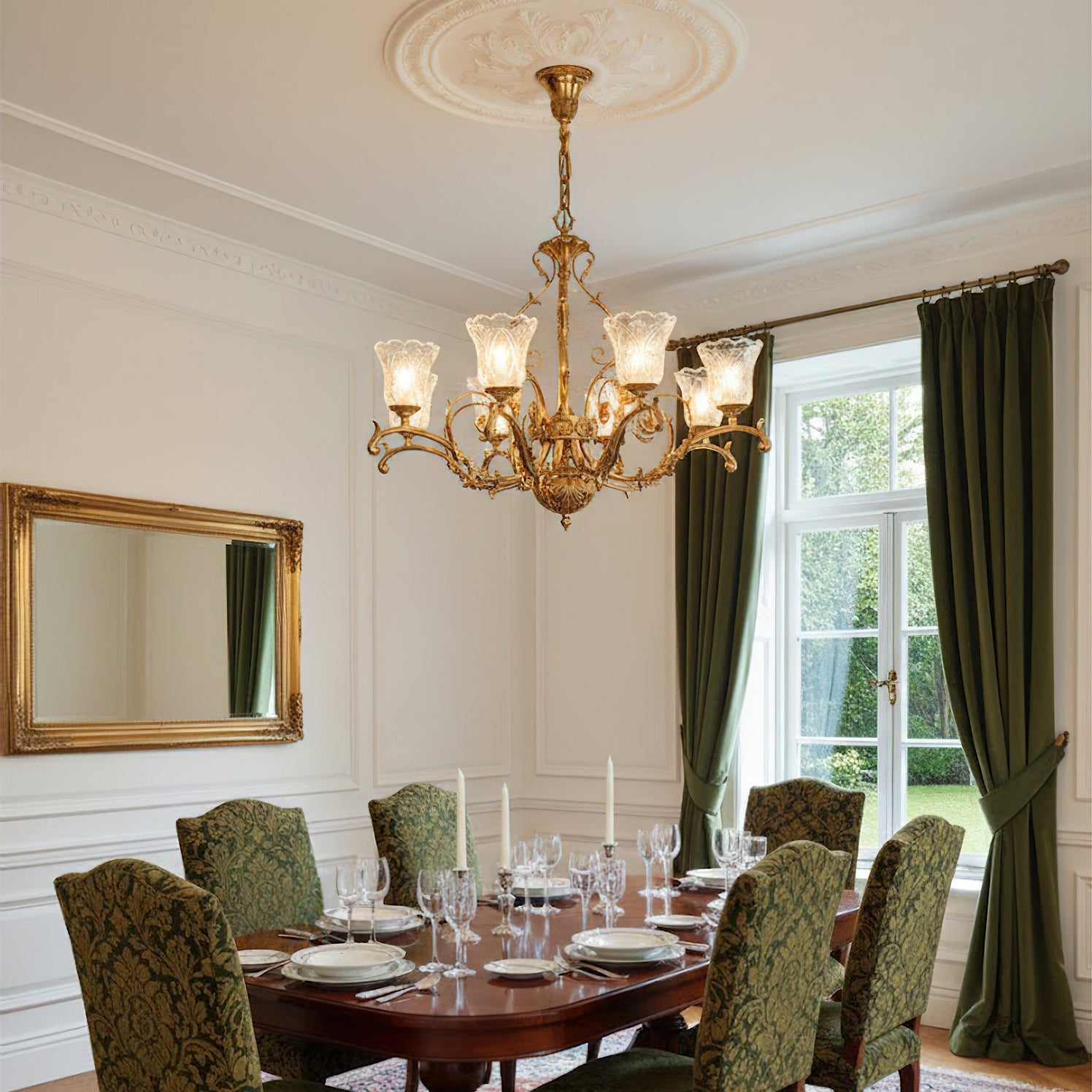 Angled view of the Revival Glass Chandelier showcasing its multiple heads.