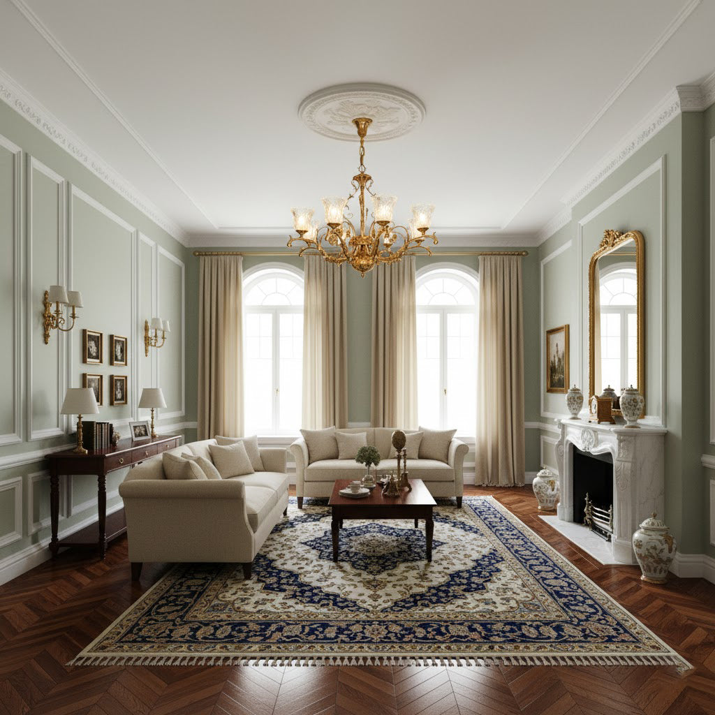 Revival Chandelier illuminated in a dimly lit living room.