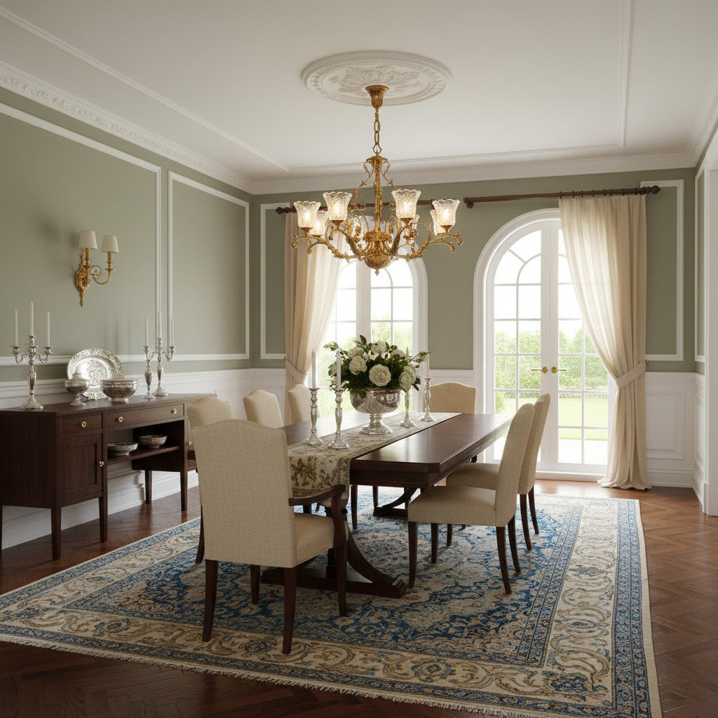 Side profile of the chandelier against a neutral wall.