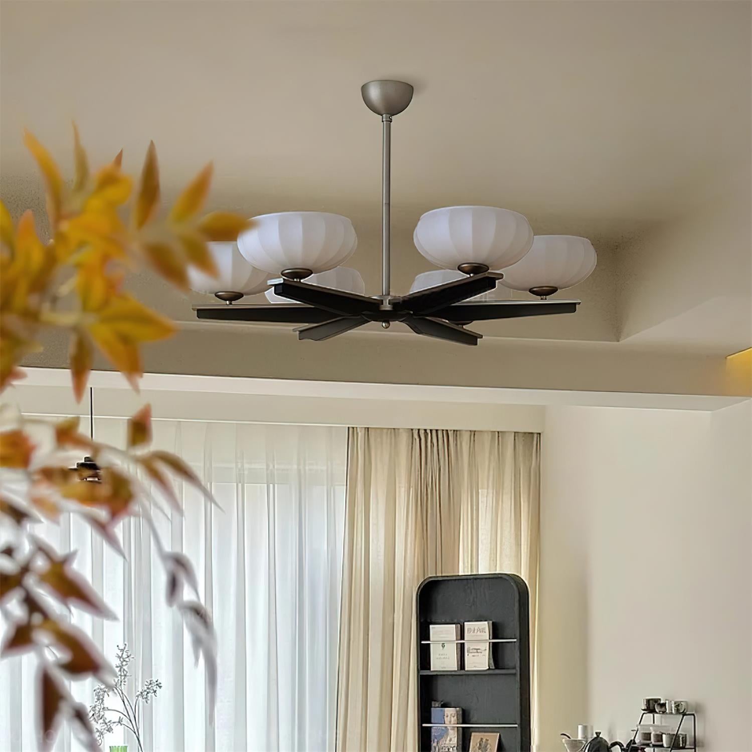 Chandelier Walnut Wood Arms and Opal Glass Shades Midcentury