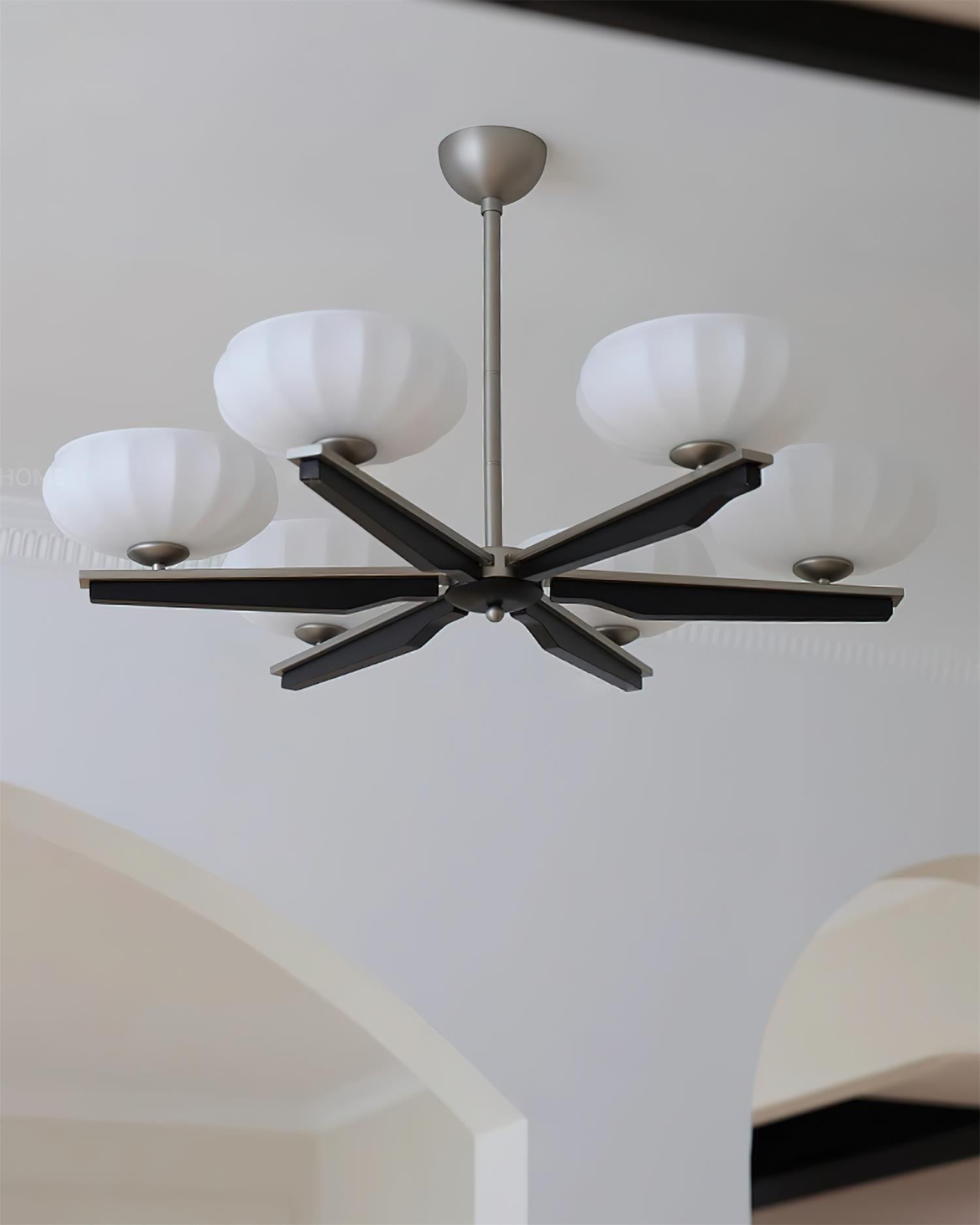 Chandelier Walnut Wood Arms and Opal Glass Shades Midcentury