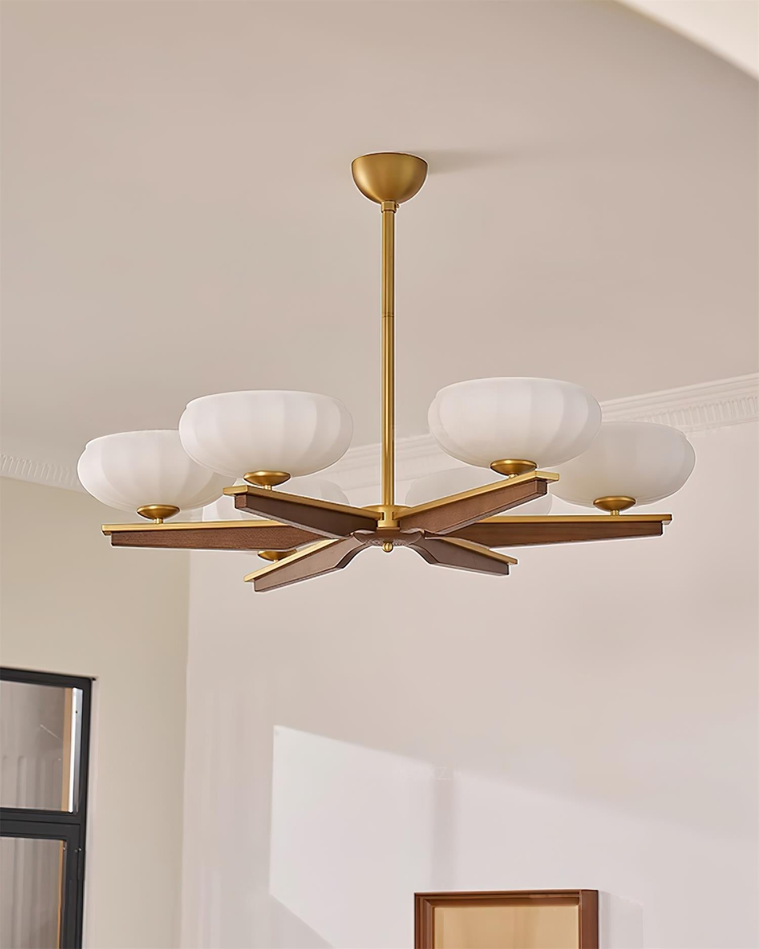 Chandelier Walnut Wood Arms and Opal Glass Shades Midcentury