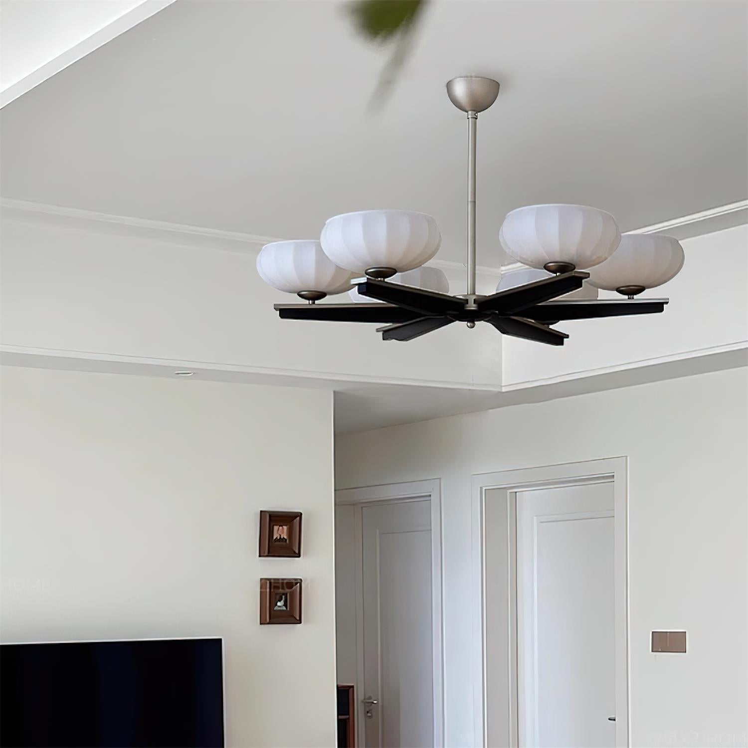 Chandelier Walnut Wood Arms and Opal Glass Shades Midcentury