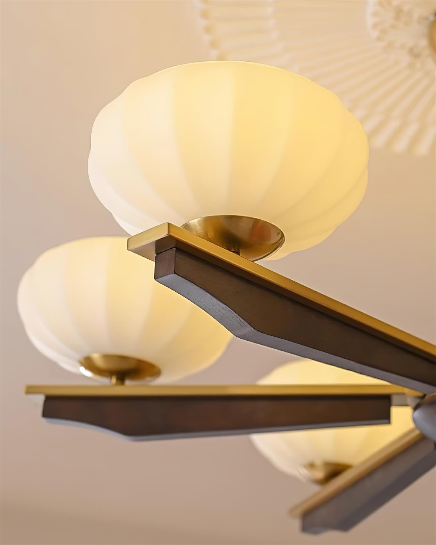 Chandelier Walnut Wood Arms and Opal Glass Shades Midcentury