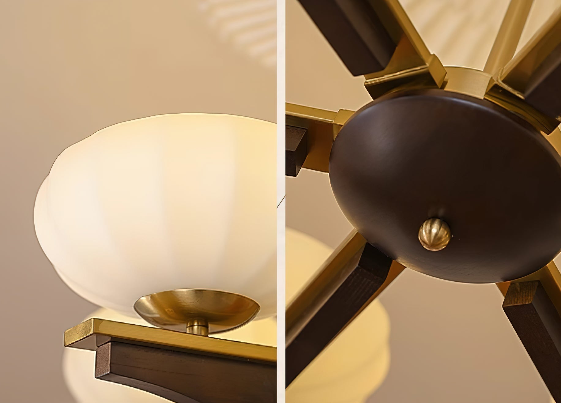 Chandelier Walnut Wood Arms and Opal Glass Shades Midcentury
