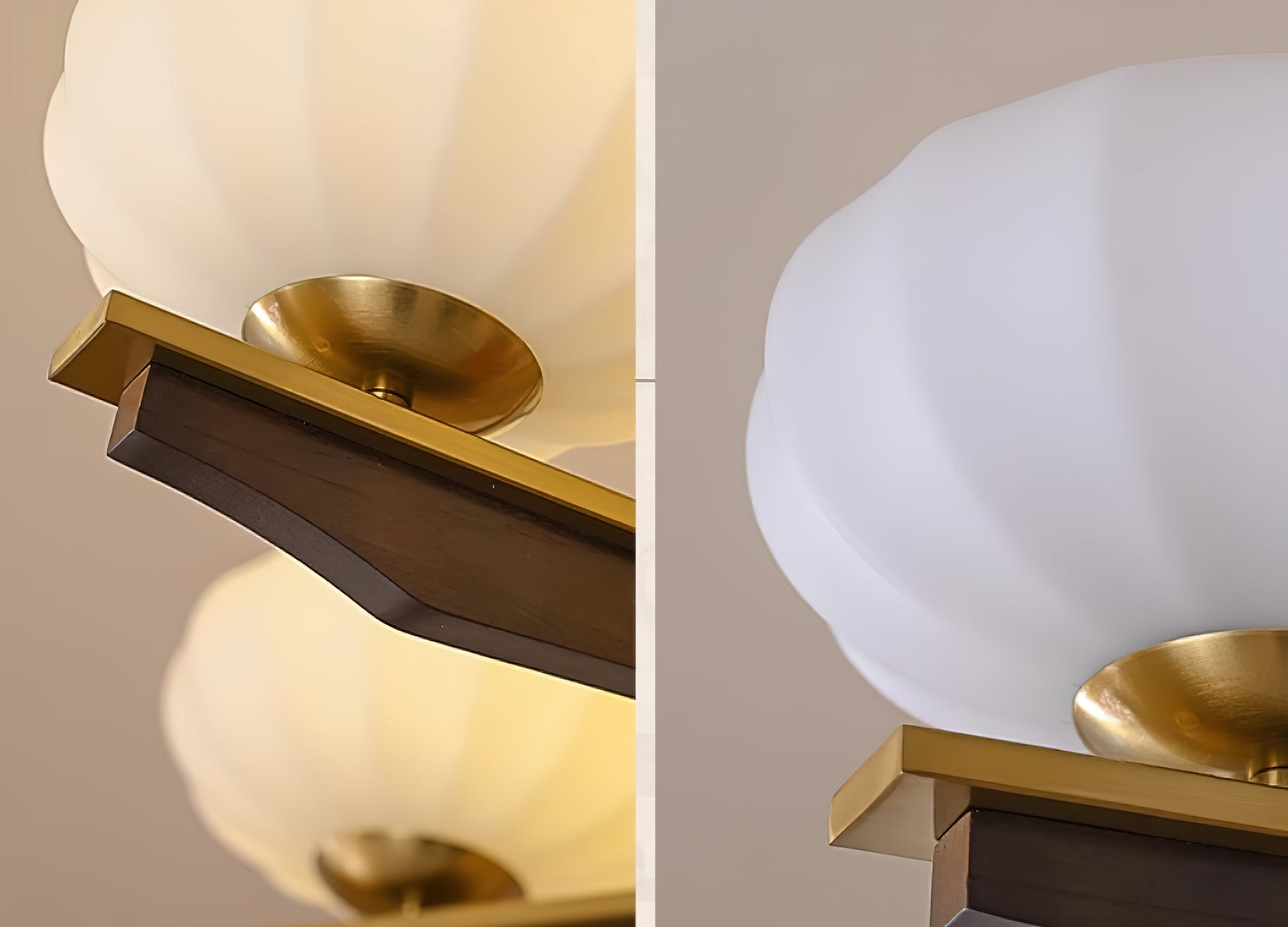 Chandelier Walnut Wood Arms and Opal Glass Shades Midcentury