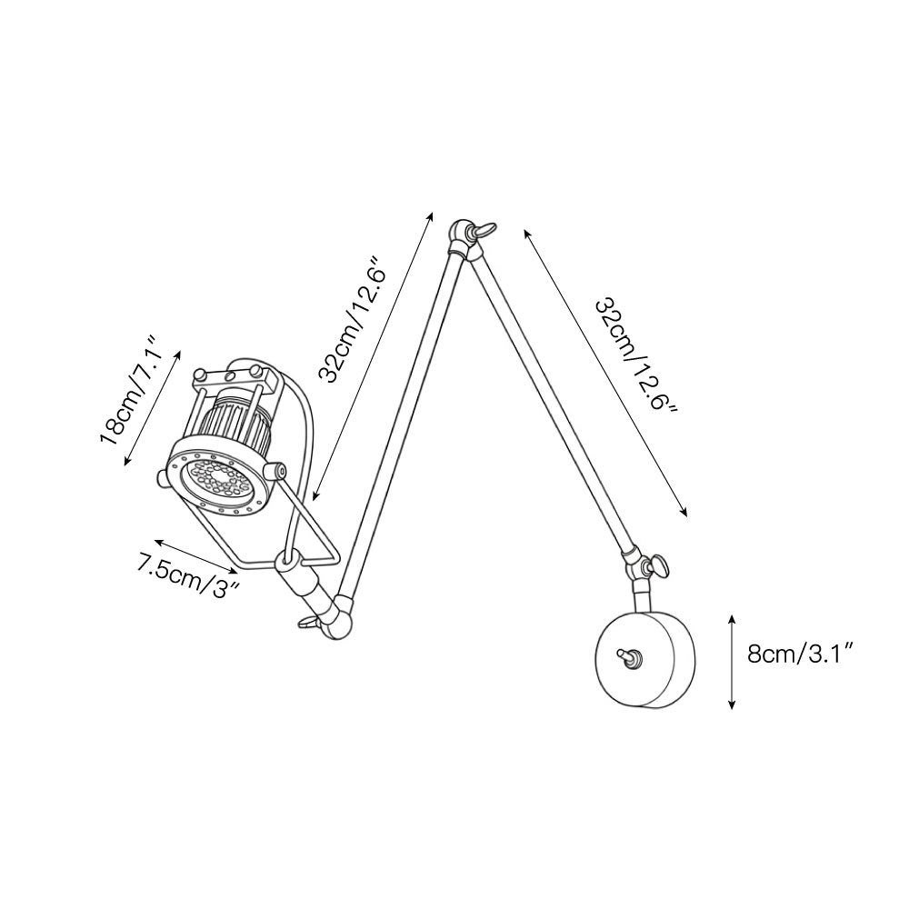 The articulated swing arm of the Reznor sconce fully extended.