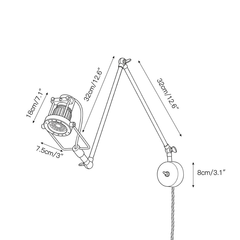 Detail shot of the articulating swing arm mechanism of the wall lamp.