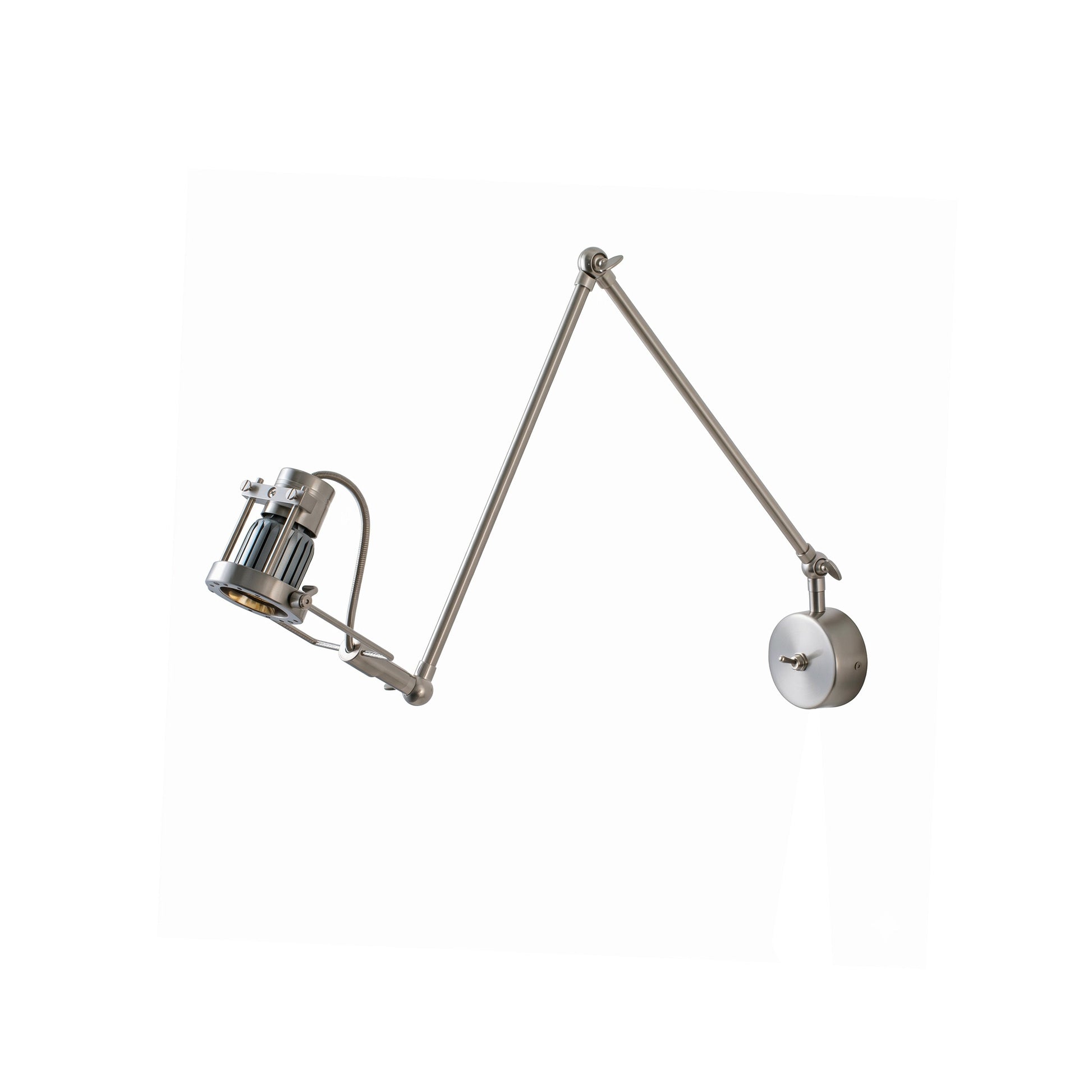 Reznor Adjustable Arm Wall Sconce in nickel finish against a white wall.