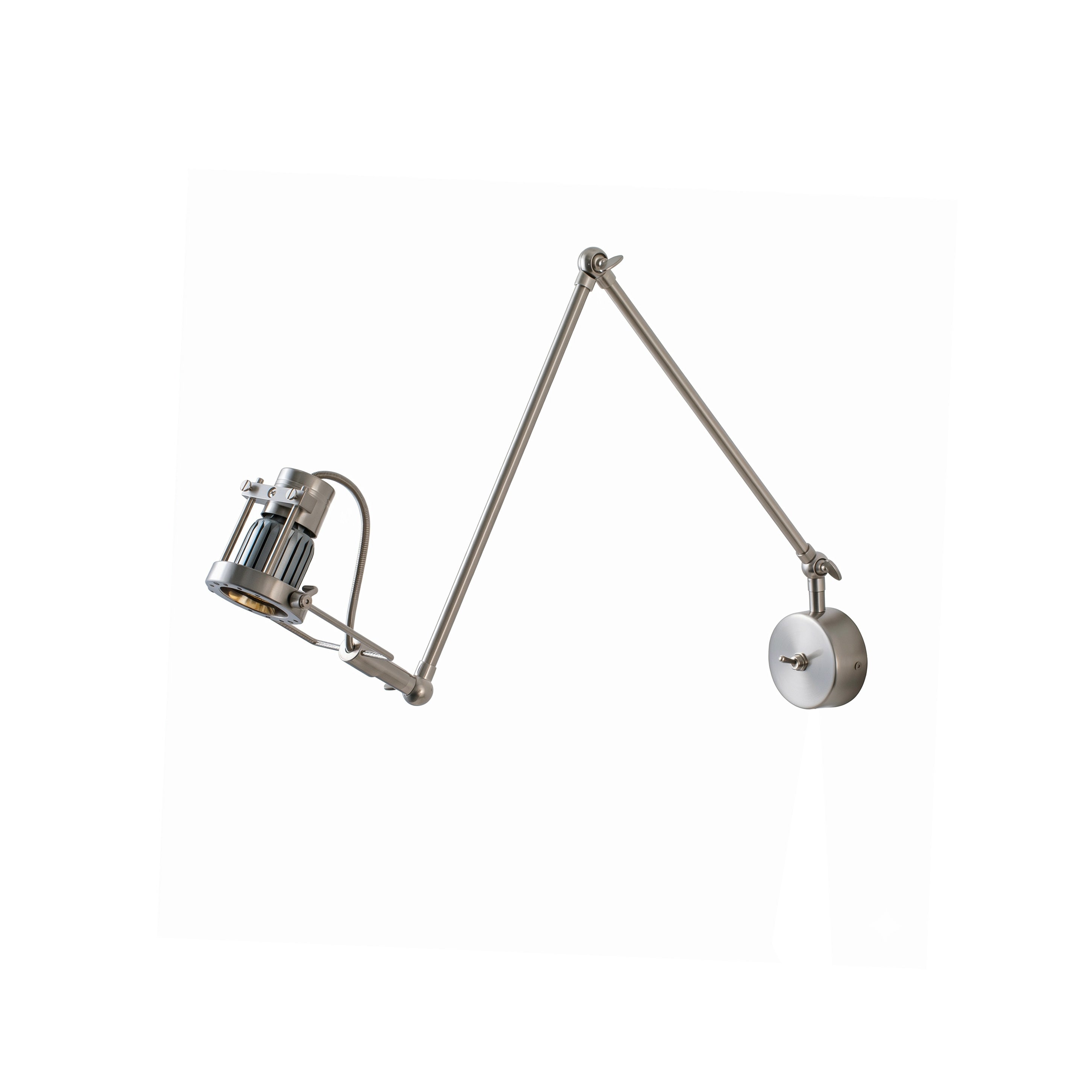 Reznor Adjustable Arm Wall Sconce in nickel finish against a white wall.