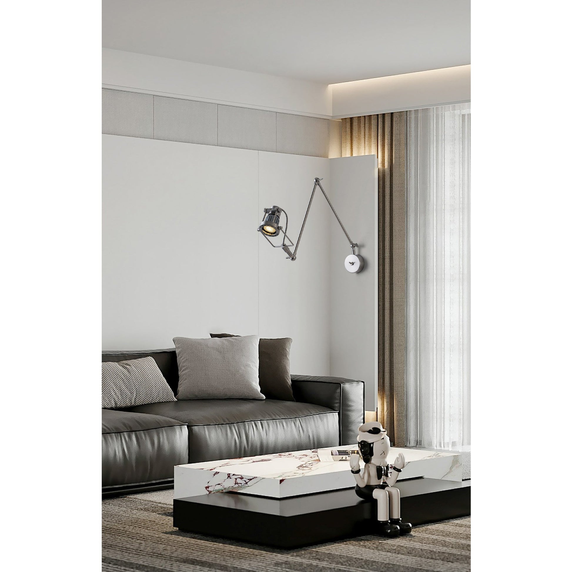Reznor wall sconce with the arm partially folded against the wall.