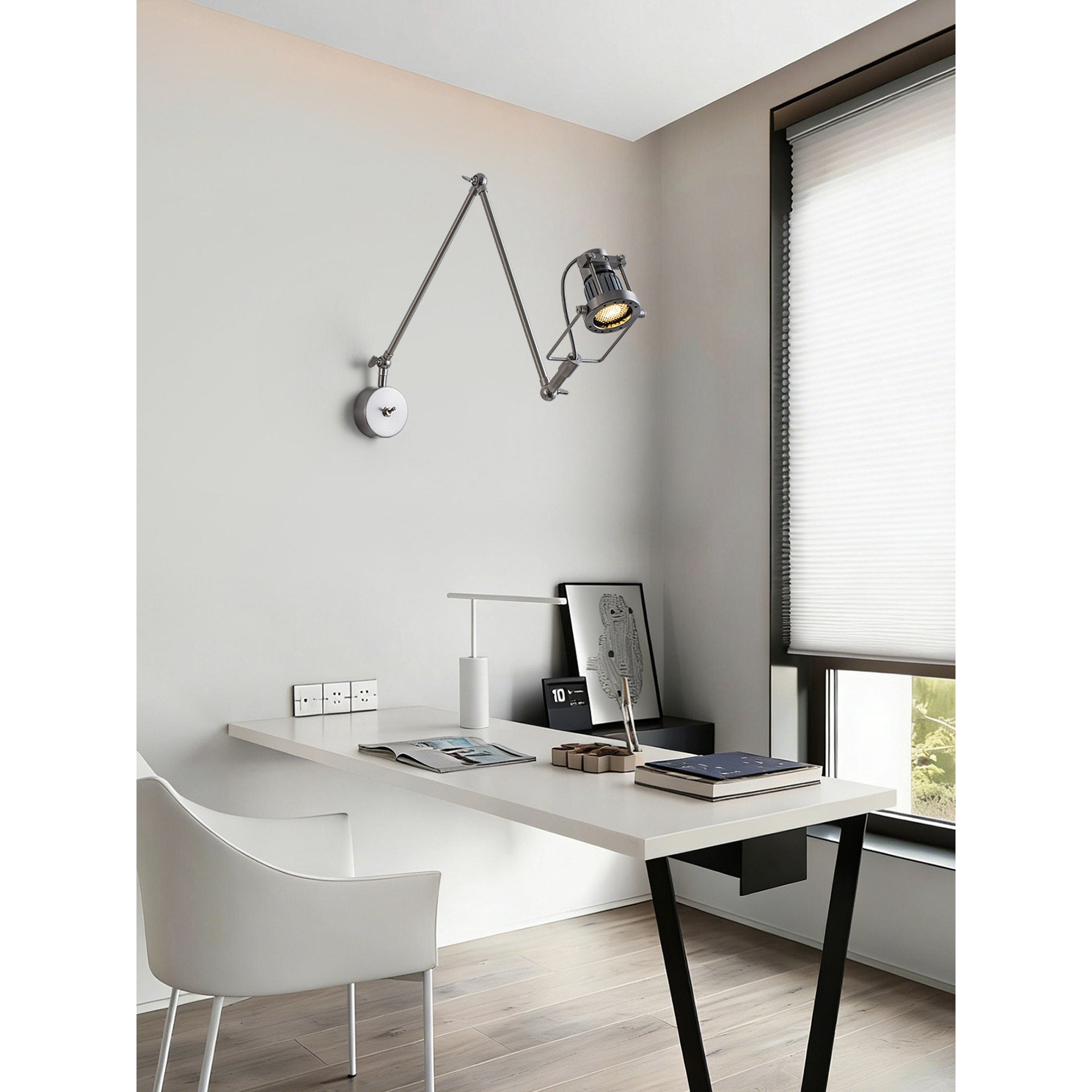 Dimensional drawing of the Reznor Adjustable Arm Wall Sconce.