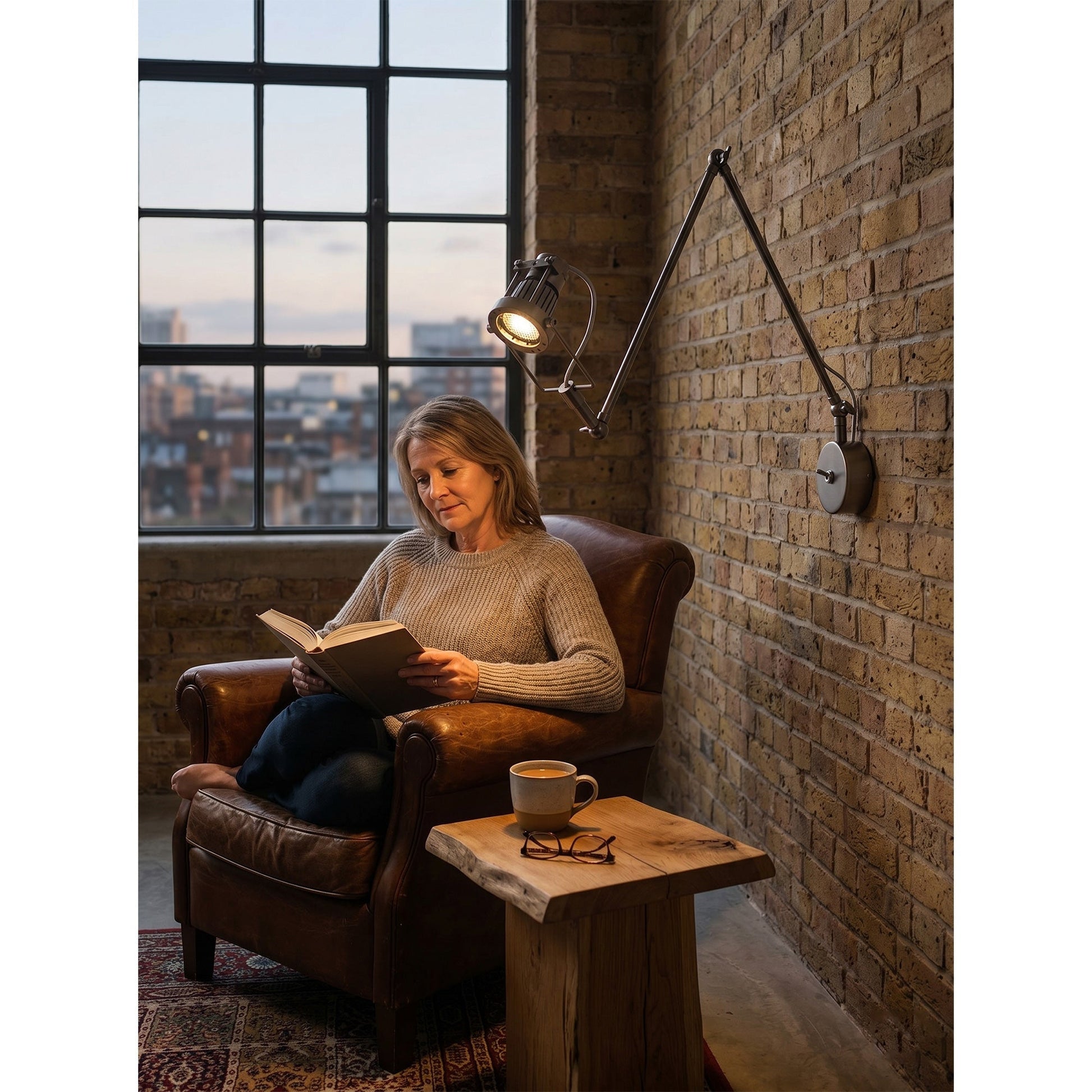 The Reznor wall sconce shown in a minimalist home office setting.
