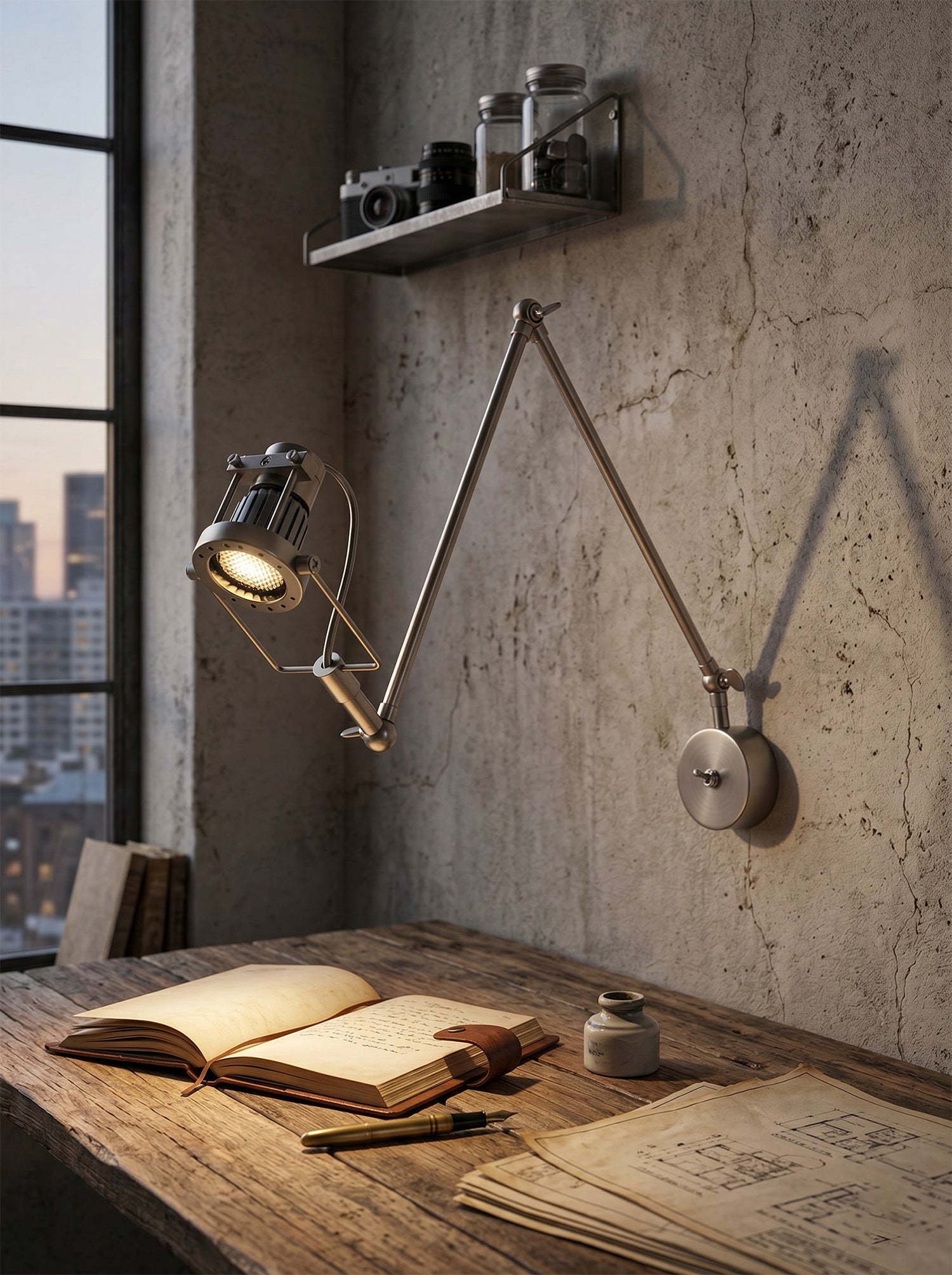 Side profile of the Reznor adjustable wall sconce showing its full length.