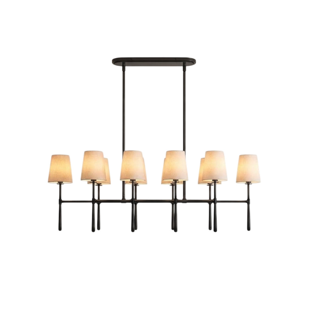 Rhodes Double Linear Chandelier in a brass finish against a neutral background.