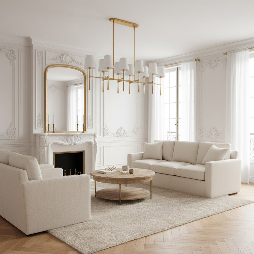 Rhodes Double Linear Chandelier installed over a modern dining table.