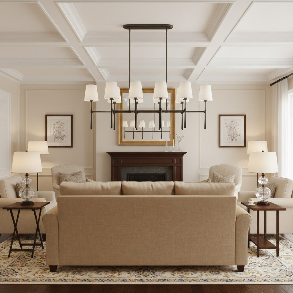 Close-up view of the white finish and fabric shade.