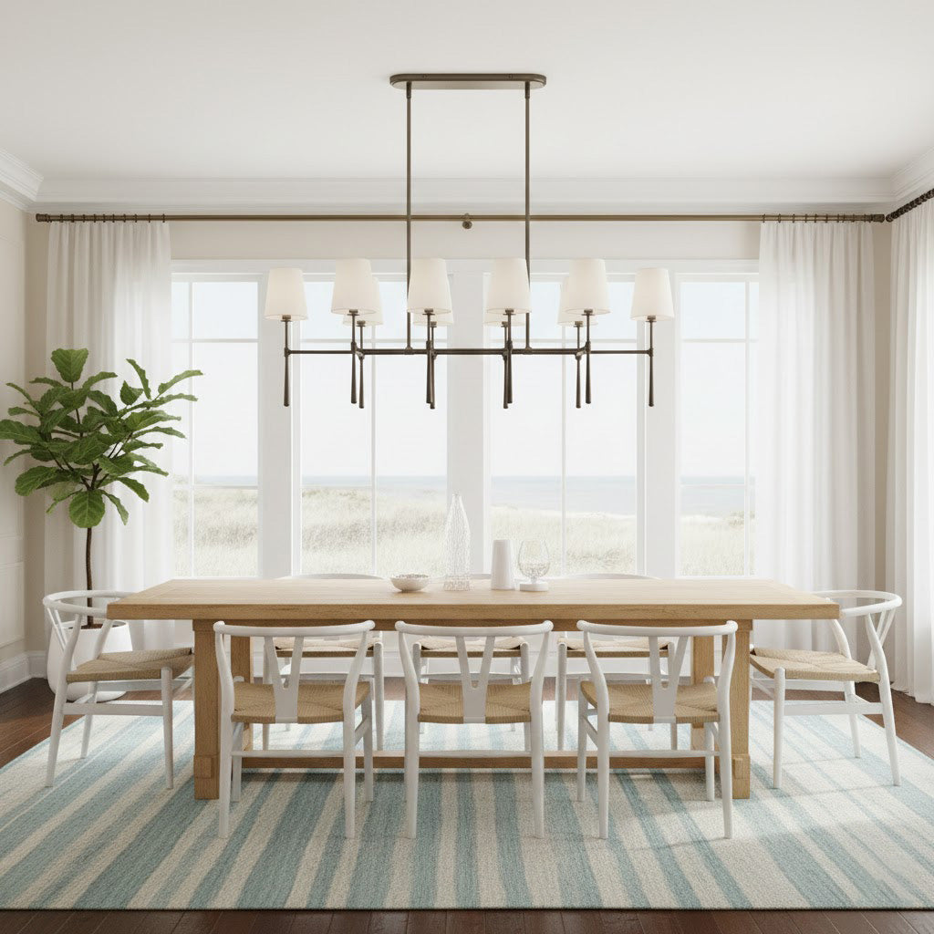 Angled view showcasing the dual linear design of the Rhodes chandelier.