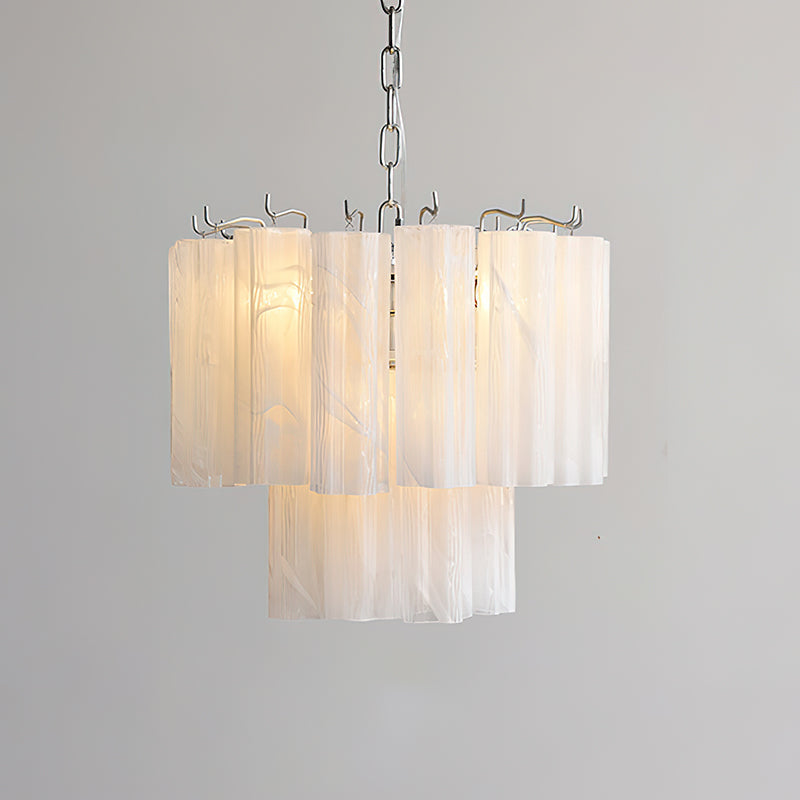 Side profile highlighting the cascading, stepped silhouette of the chandelier.