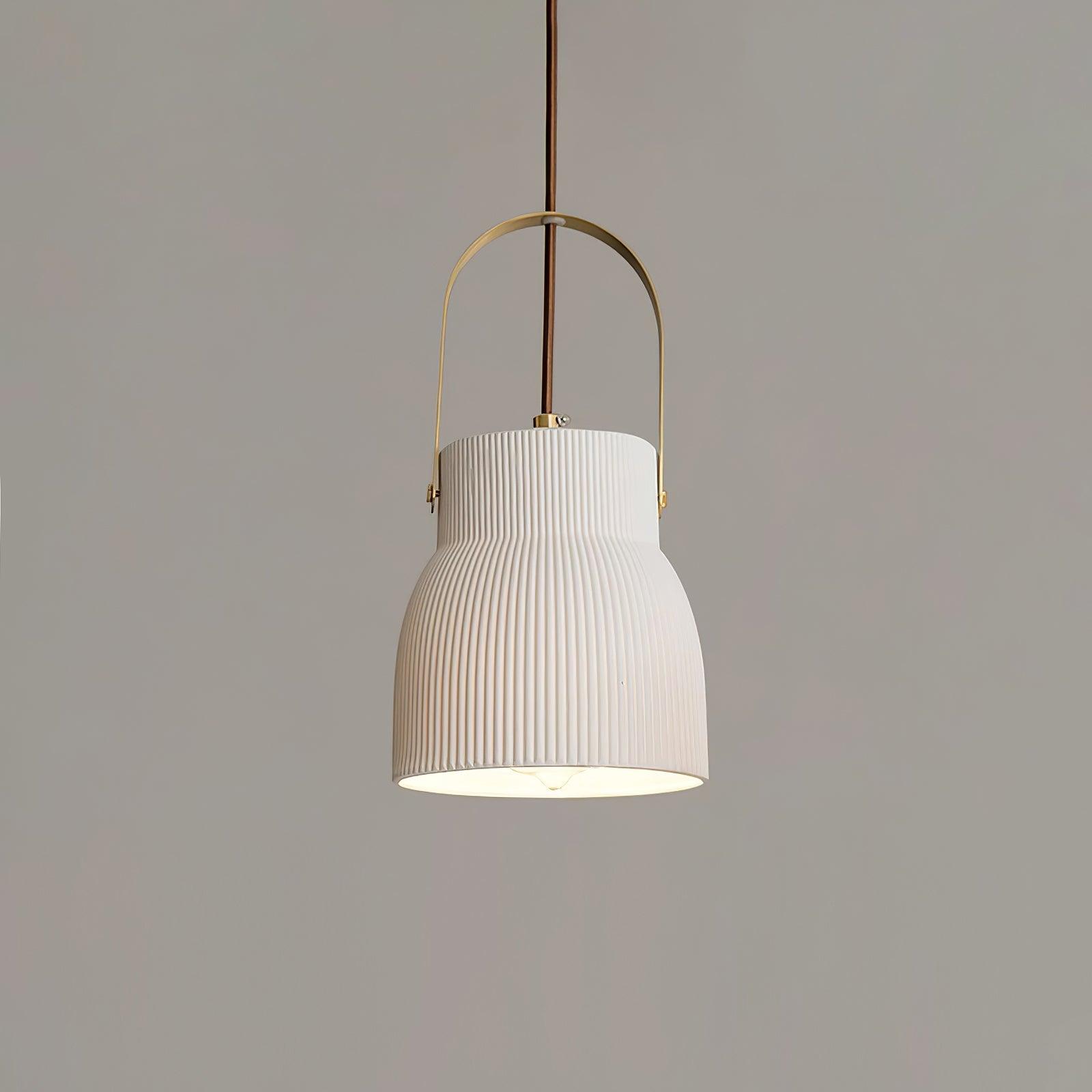Pendant Lamp Ribbed White Ceramic with Brass Handle