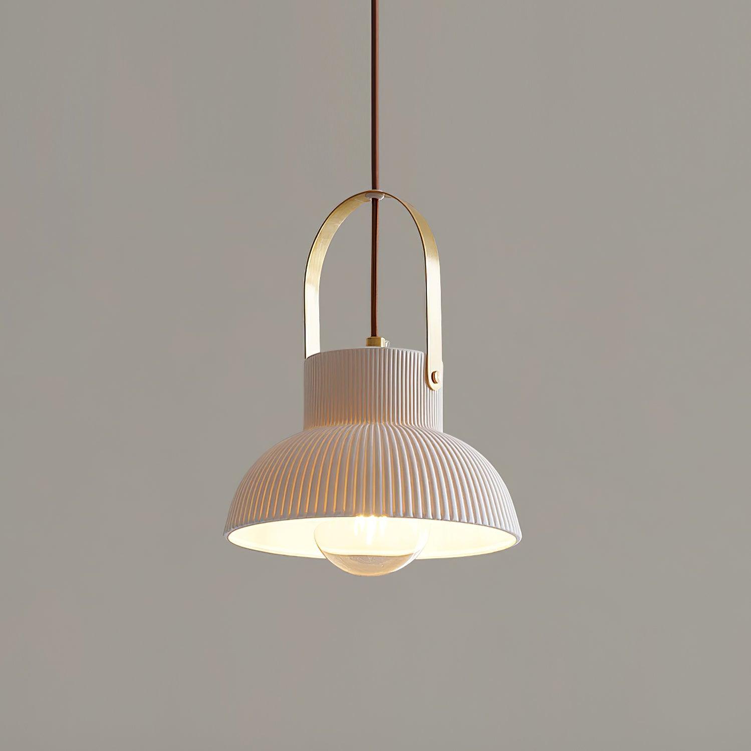 Pendant Lamp Ribbed White Ceramic with Brass Handle