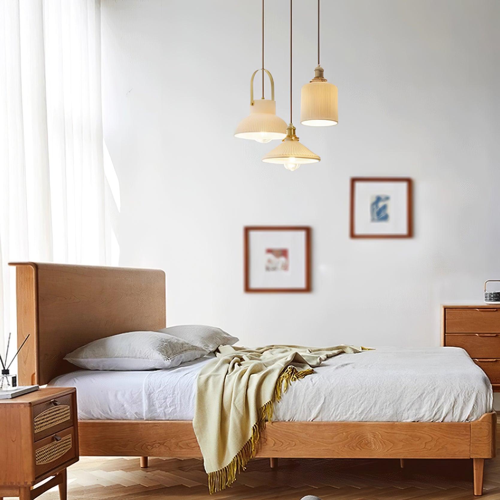Pendant Lamp Ribbed White Ceramic with Brass Handle