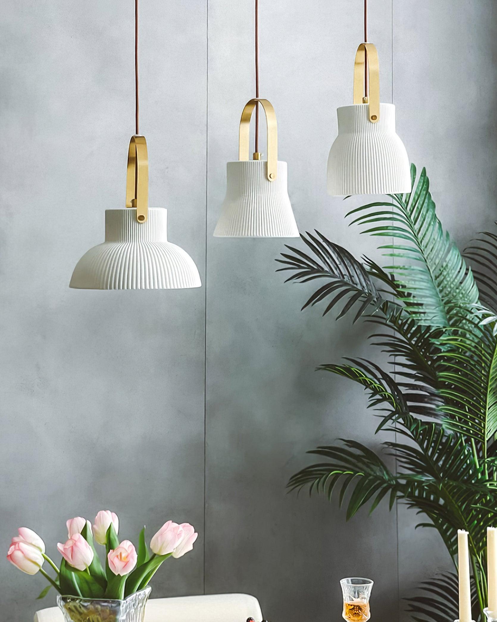 Pendant Lamp Ribbed White Ceramic with Brass Handle