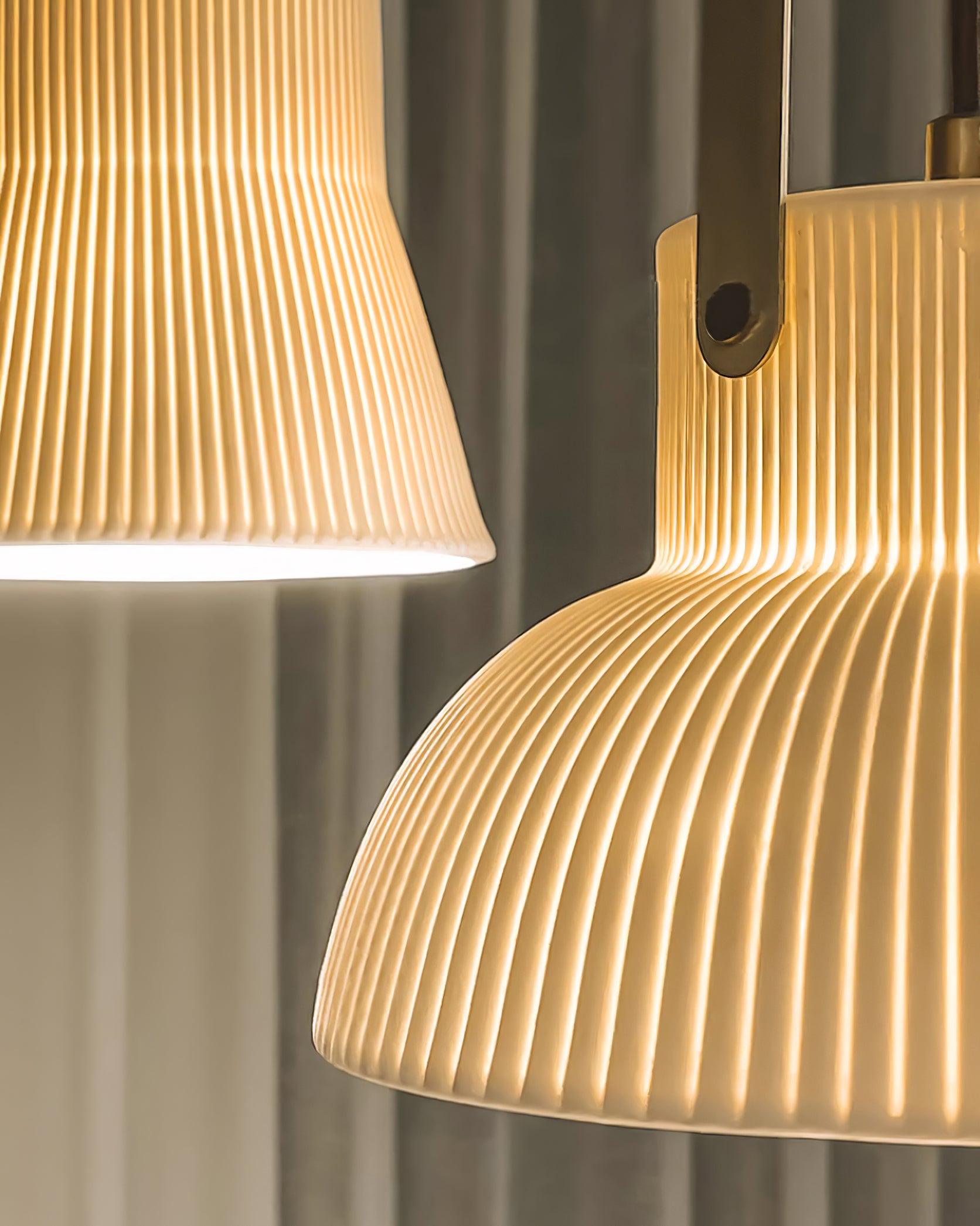 Pendant Lamp Ribbed White Ceramic with Brass Handle