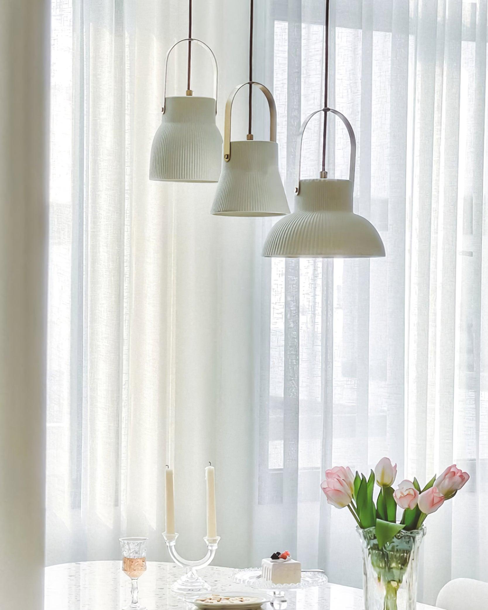 Pendant Lamp Ribbed White Ceramic with Brass Handle