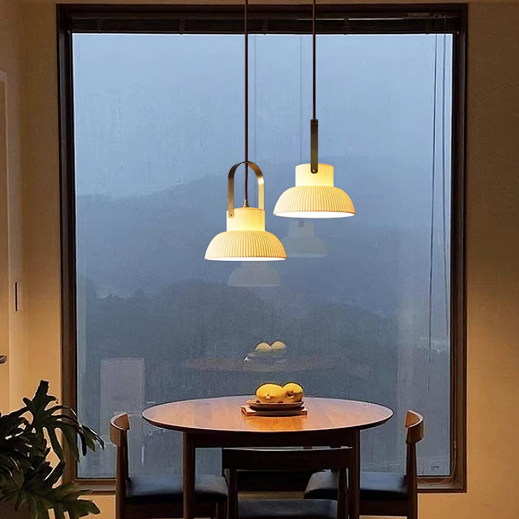 Pendant Lamp Ribbed White Ceramic with Brass Handle