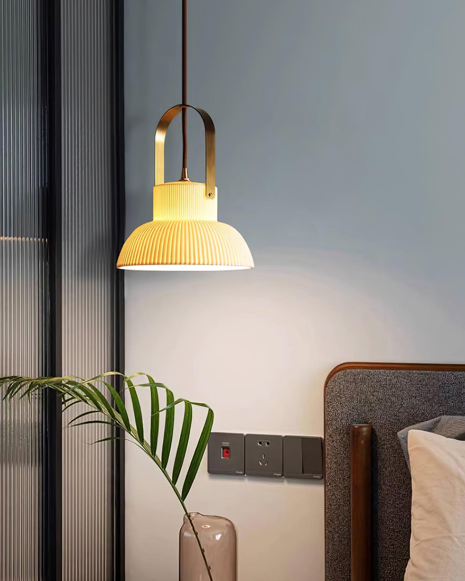 Pendant Lamp Ribbed White Ceramic with Brass Handle